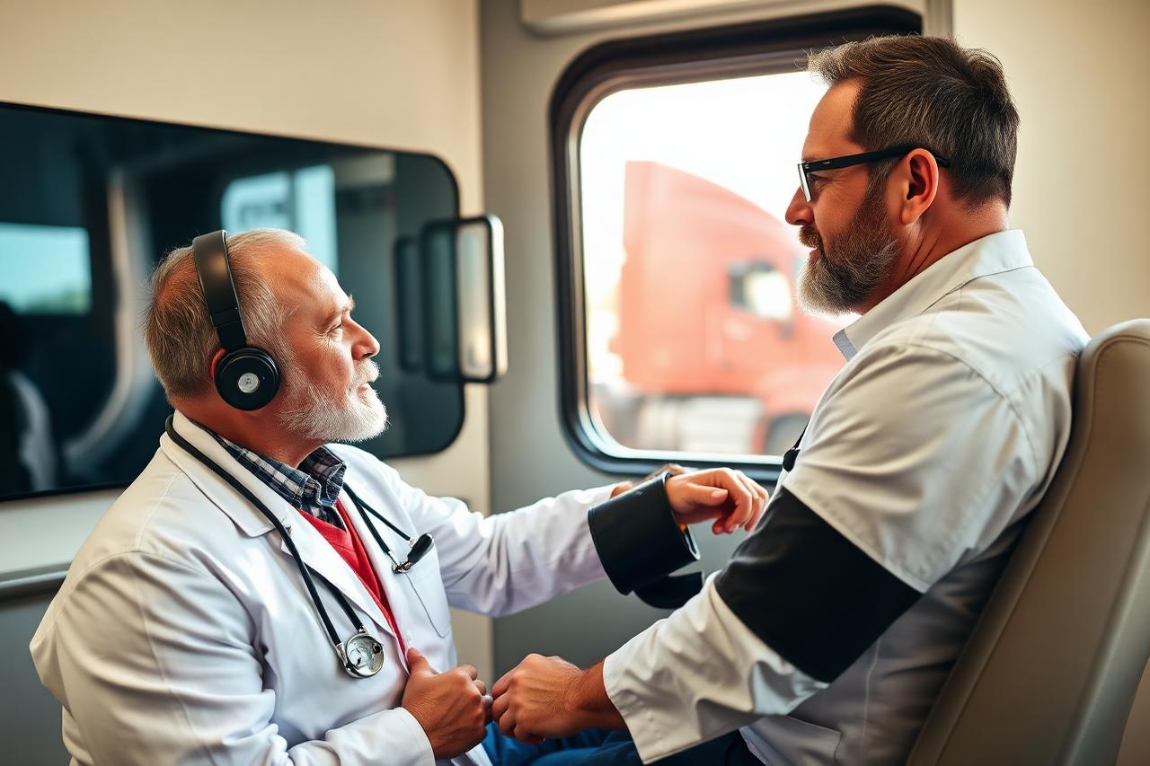 Commercial driver having blood pressure checked during a DOT physical exam
