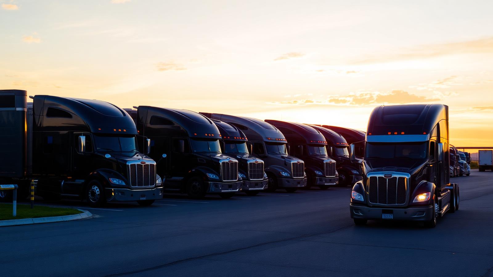 Semi trucks parked at a truck stop at sunset near Pittsburgh, Pennsylvania